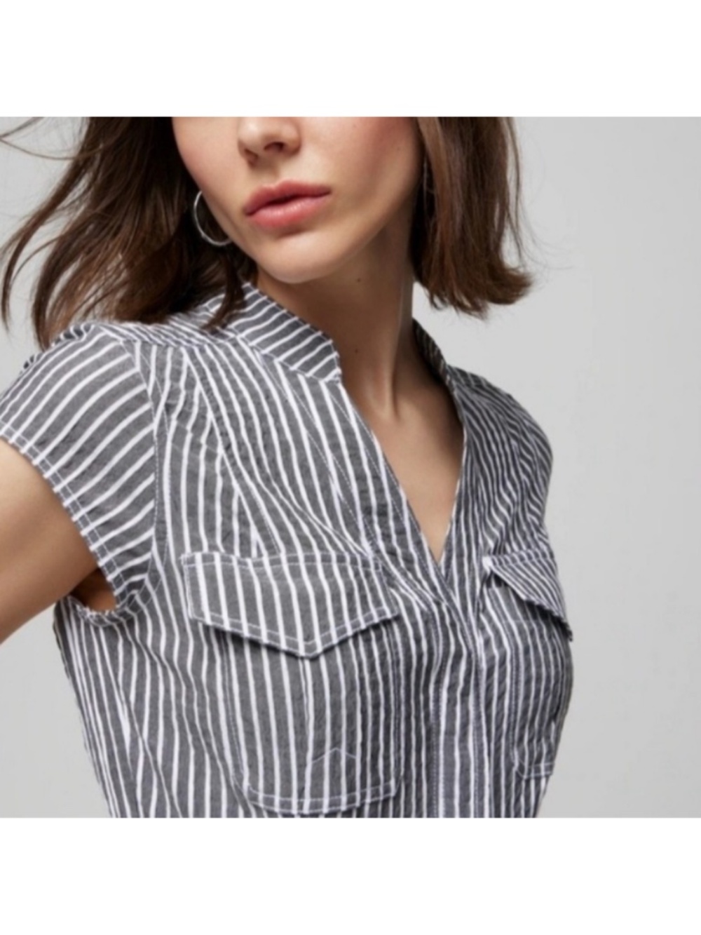 WHBM Midi Dress Striped Seersucker Railroad Stripe Cap Sleeve Belted Pockets - Picture 6 of 16